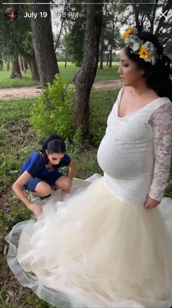 behind the scenes maternity session with big gown in katy